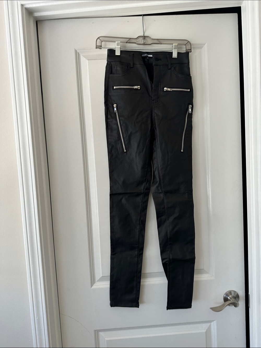 Black Faux-Leather Skinny Pants with Zip Pocket Detail